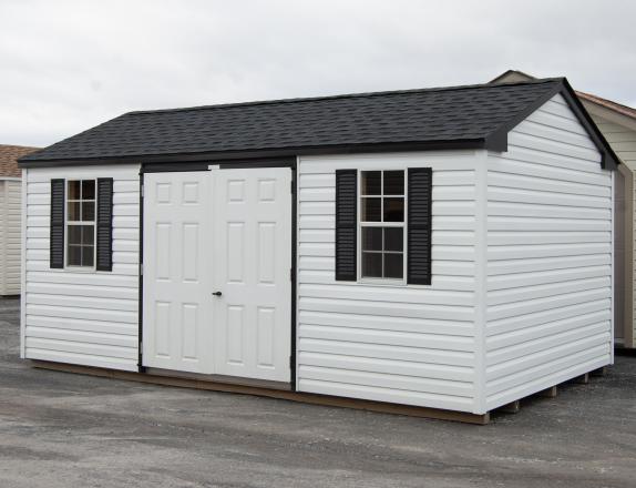 10x18 Vinyl Peak Style Portable Storage Shed with Shelves Inside